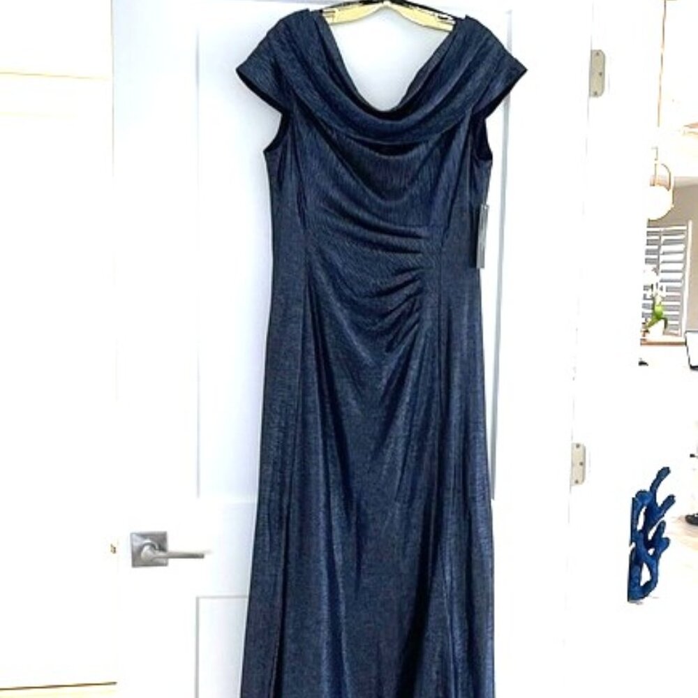 Tahari ASL navy metallic cap sleeve cowl neck gown size 14
